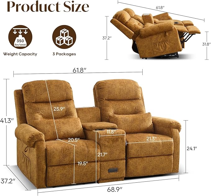 Power Lift Recliner Loveseat Sofa for Elderly Dual Motor Electric Recliner with Massage &amp Heat 2-Seater Velvet Couch with Independent Control Console Cup Holder &amp Power Outlet (Yellow 69”