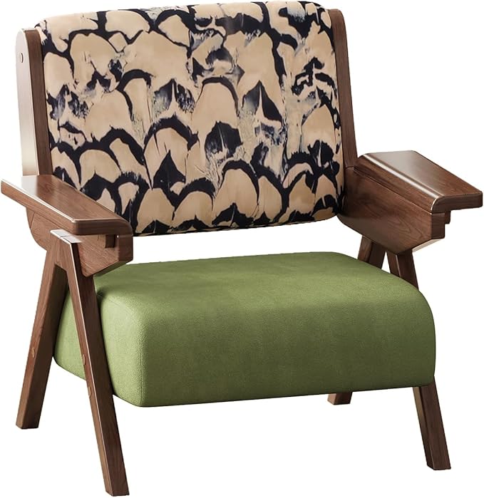 Accent Chair Mid Century Modern Chair Velvet Upholstered Lounge Arm Chair with Solid Wood Cozy Reading Chair for Living Room Bedroom Balcony (Feather Print Single Chair)