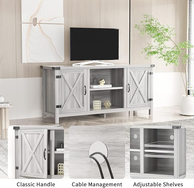 JUMMICO TV Stand 65 Inch TV Farmhouse Entertainment Center with Double Barn Doors and Storage Cabinets Console TV Table Media for Living Room Bedroom (Grey)