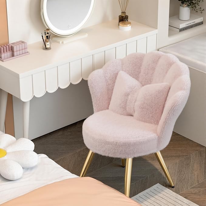 Plush Sherpa Accent Chair with Gold Metal Legs Fluffy Vanity Chair for Makeup Room Upholstered Guest Chair for Living Room for Bedroom Pink