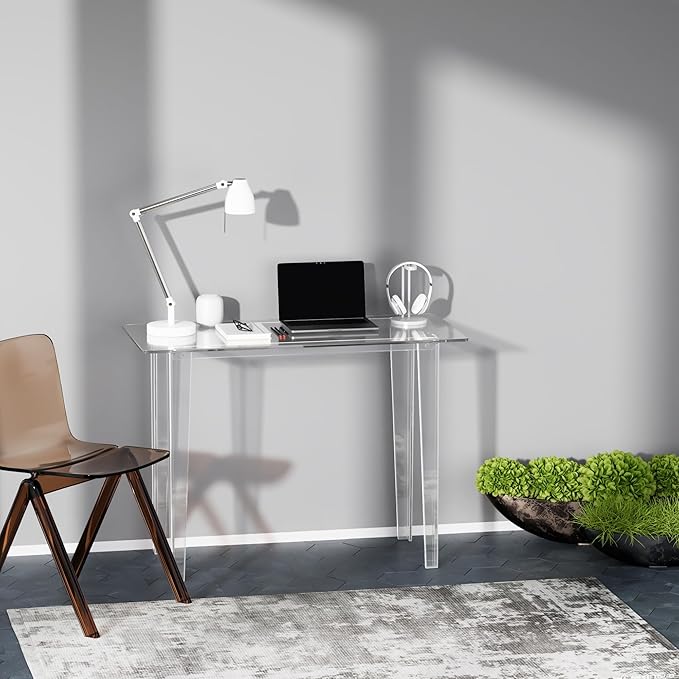 Modern Clear Acrylic Desk for Home Office - Multi-Purpose Study Table with Extended Surface Sturdy Lightweight Design Transparent Console &amp Entryway Table (42.5 Inch)