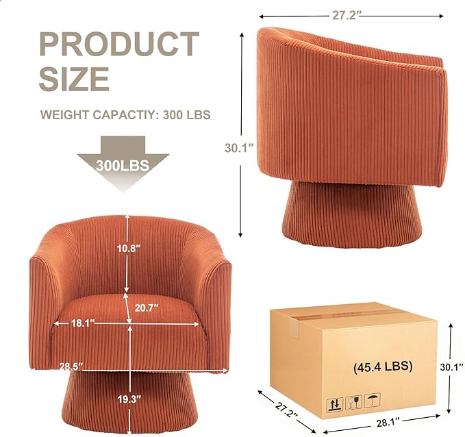 Swivel Accent ChairModern 360° Swivel Barrel Chair Corduroy Upholstered Single Sofa for Living Room Bedroom(Orange)