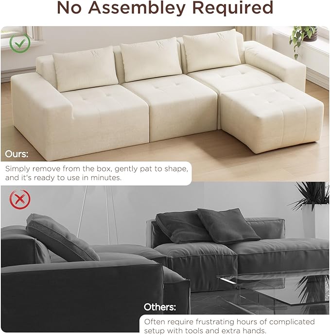 Maupvit 108 Modular Sectional Sofa Modern Cloud Couch L-Shaped Convertible Sleeper Sofa Bed with Movable Ottoman Deep Seat Boneless Comfy 3 Seater Couches for Living Room Beige | Breathable materi