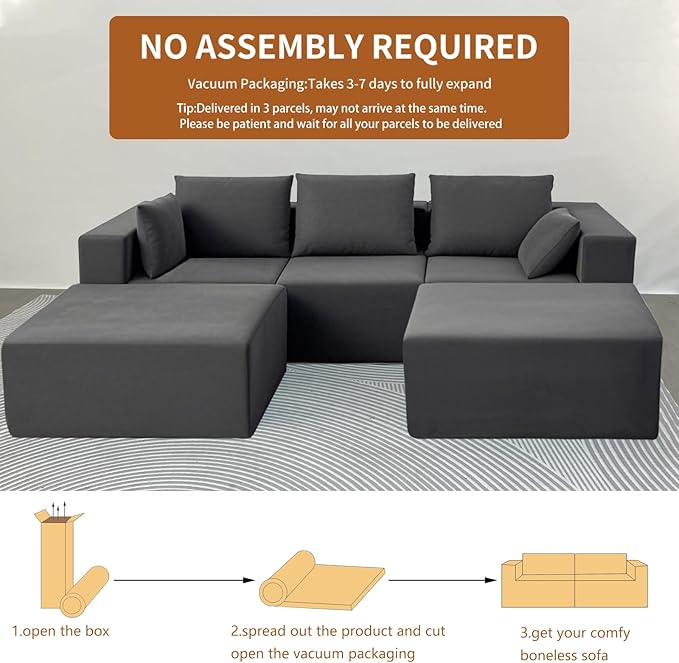Cloud Sectional Couch 110 Inch Modern Modular Sectional U-Shaped Chenille Cloud Sofa with 2 Movable Ottomans Deep Seat Boneless Upholstered Couches for Living RoomNo Assembly RequiredGrey