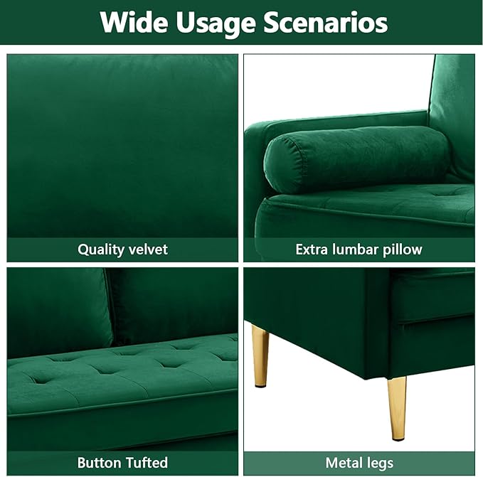 65 Love Seat Sofa Velvet Small Sofa Small Couch for Bedroom Living Room Bedroom Loveseat with 2 Pillows Gold Legs Modern Tufted Seat Upholstered Seating for Office Apartment (Green)