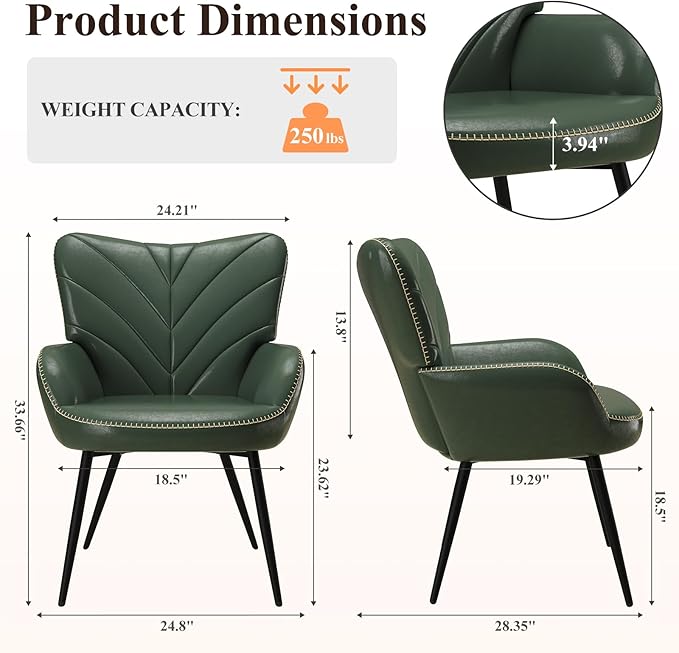 Mid-Century Modern Green Faux Leather Accent Chair Upholstered Armchair for Living Room/Bedroom/Reading Corner Curved Back &amp Padded Arms High-Density Cushion Metal Legs Easy-to-Clean Design