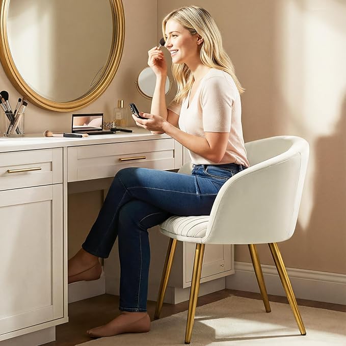 Accent Velvet Makeup Vanity Chair Boucle Modern Tufted Girls Desk Chair No Wheels with Gold Metal Legs 20 Extra Wide Cushion Armchair for Bedroom Bathroom Dining Room Living Room Cream Beige
