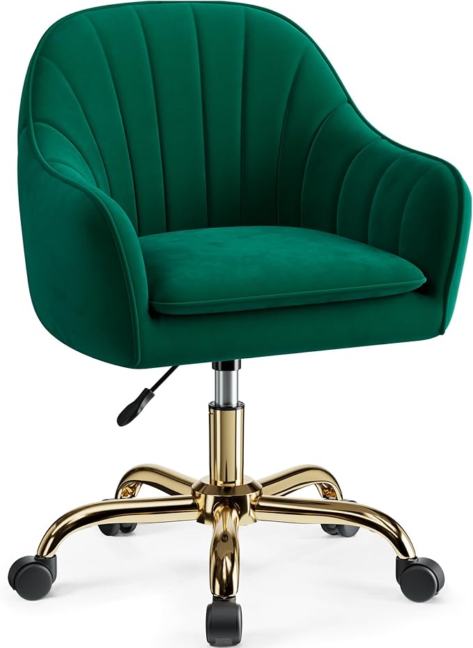 Vanity Chair with Wheels Comfy Home Office Desk Chairs Adjustable Modern Velvet Makeup Vanity Chairs for Bedroom Living Room-Green
