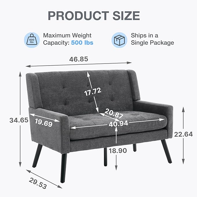 Mid-Century 47 Small Loveseat Sofa Plush Linen Fabric with Button Tufted High Back and Solid Wood Legs for Apartment Living Room Bedroom Home Office (Dark Grey 2-Seater)