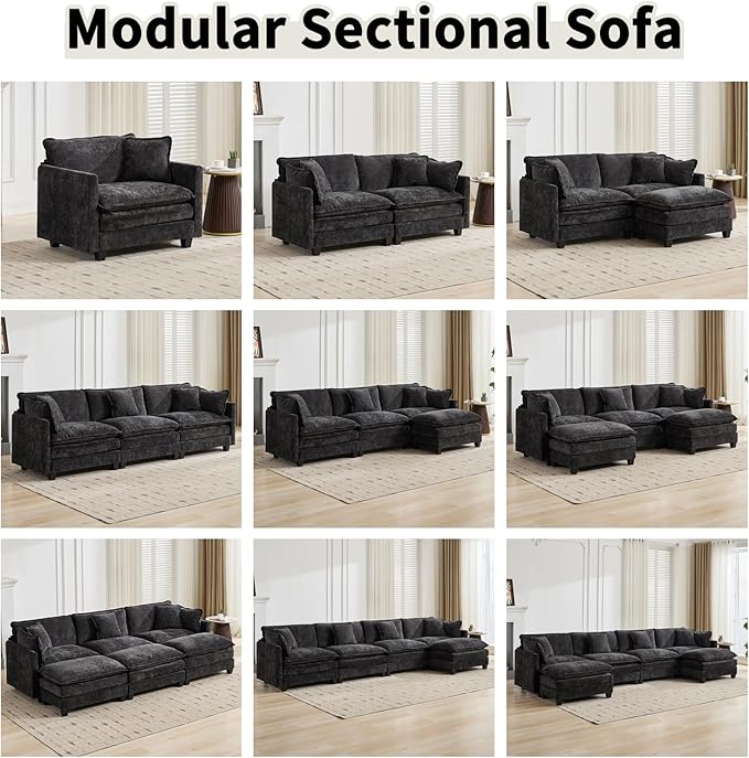 111.5 L Shaped Couch Modular Sectional Sofa Comfy Chenille Cloud Couch with Movable Ottoman and Pillow Modern 3-Seater Deep Seat Sofa for Living Room (BlackL Shaped Sofa)