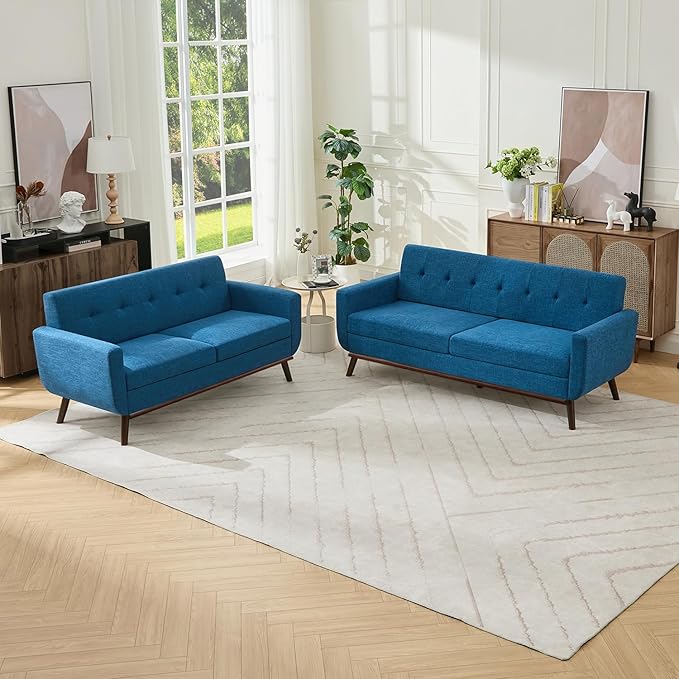 Kingfun Living Room Furniture Sets Loveseat &amp Standard Mid Century Modern Decor Sofa Couches Button Tufted Upholstered Furniture Blue | linen fabric button tufted solid wood foot pocket spr
