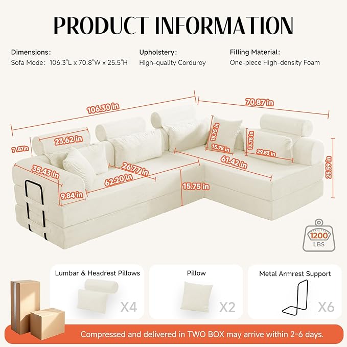 106 L-Shaped Modular Boneless Couch 2-Piece System (2×70.87) Convertible Sectional to 141.7 Straight Sofa Corduroy Couch in a Box Headrest &amp Back Pillows for Living Room Lvory
