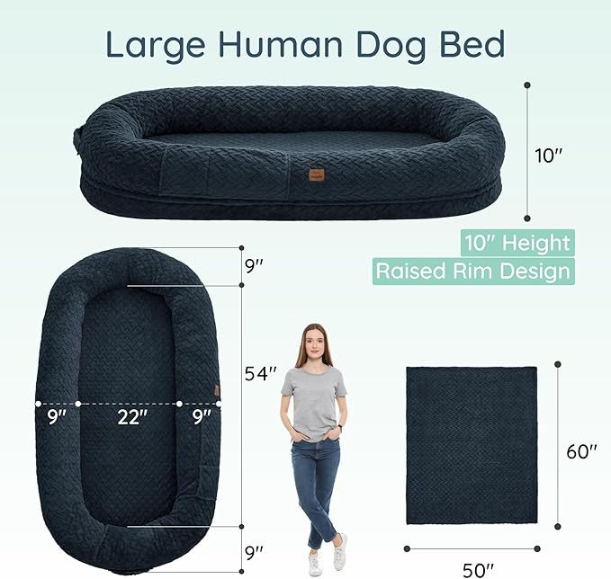 Human Dog Bed for Adult - Luxury Faux Fur Giant Size Dog Bed with Portable Handle Egg Orthopedic Foam with Blanket 72x40x10 Navy