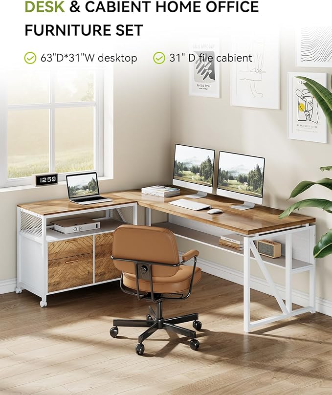LITTLE TREE 63 L Shaped Executive Computer Desk and Drawer lateral File Cabinet Walnut