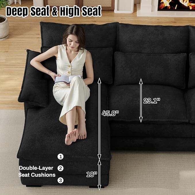 OUYESSIR 110 U Shaped Cloud Sectional Sofa with Deep Seat Cushions Modern Comfy Chenille Couch 4 Seater Fluffy Sectional Couches for Living Room with Double Chaise(Black)
