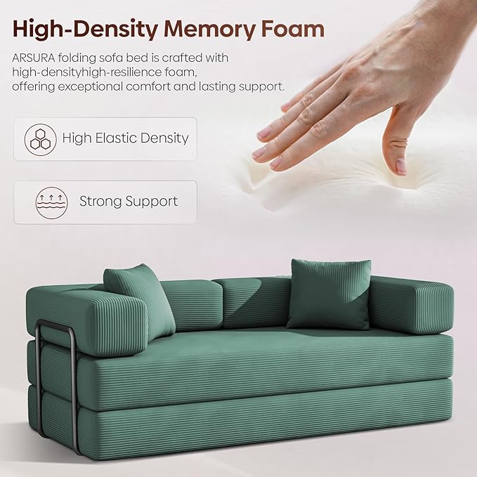 ARSURA 82” Teddy Couch Bed | Boneless Couch Bed for Living Room | Folding Sleeper Sofa Bed | Corduroy Green