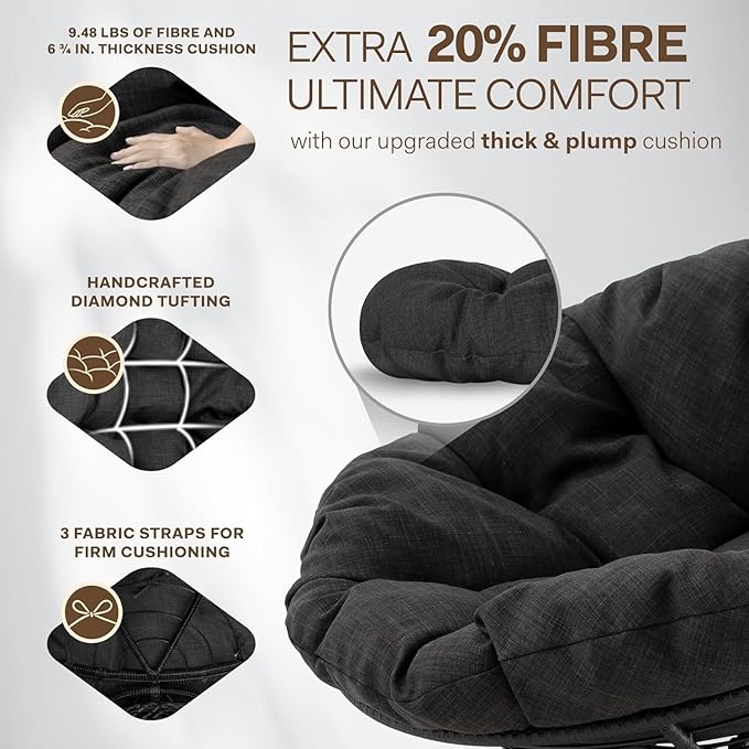 Bme 40 Ergonomic Wicker Papasan Chair with Soft Thick Cushion &amp Frame 360° Swivel Circle Reading Comfy Chair for Living Room Bedroom