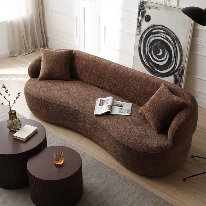 Curved Sofa Couch 86.6 3-Seater Modern Boucle Sectional Couch Comfy Cloud Upholstered 3 Seat Leisure Cushion Sofa with Pillows for Living Room Bedroom Office ApartmentBrown