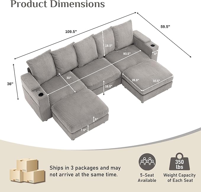 110 W x 60 D U Shape Sectional Sofa with USB Charging &amp Cup Holder &amp Storage 5 Seater Plush Corduroy Couches with Movable Ottoman Cloud Couch Sofas for Living Room DIY Combination - Light