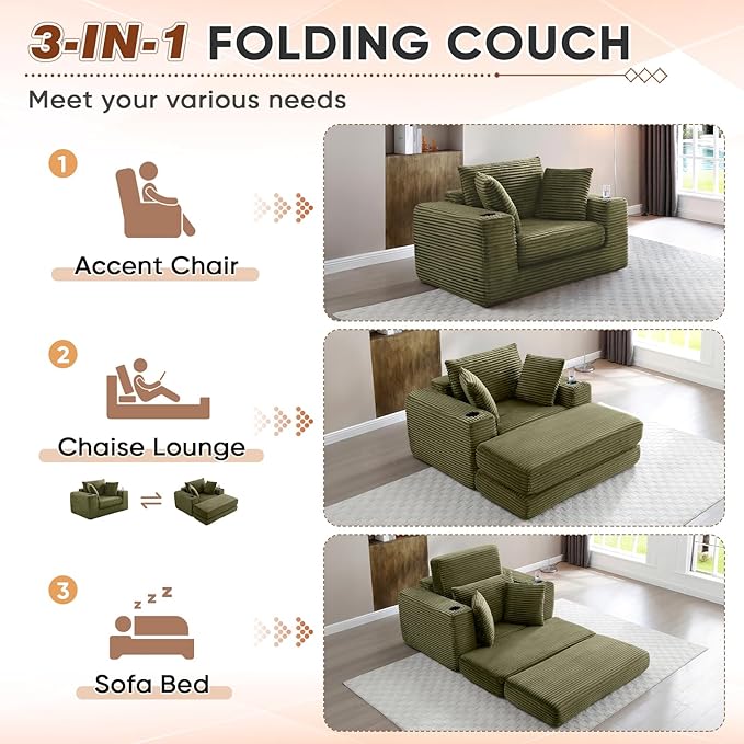 Antetek Boneless Corduroy Chaise Lounge Chair Indoor 52-inch 4-in-1 Folding Convertible Sofa Bed w/Cup Holders Modern Cozy Reading Accent Chair for Living Room No Assembly Green