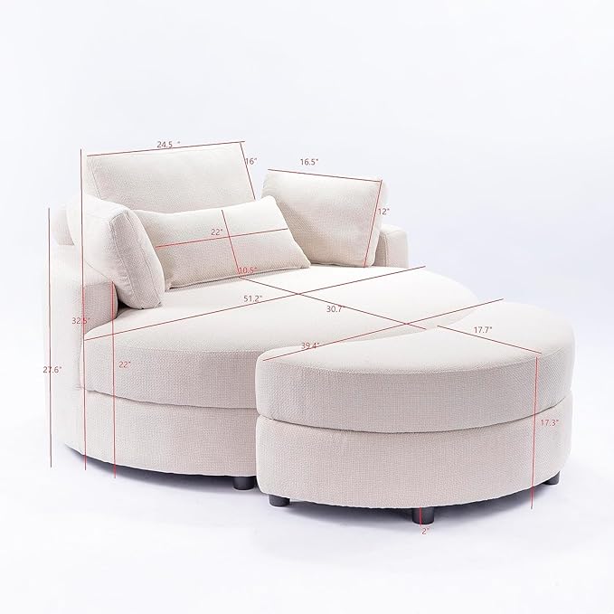 ERYE Oversized Round Accent Barrel Chair with Storage Ottoman and Adjustable Headrest Modern Linen Upholstered Leisure Recliner Armchair for Living Room Bedroom