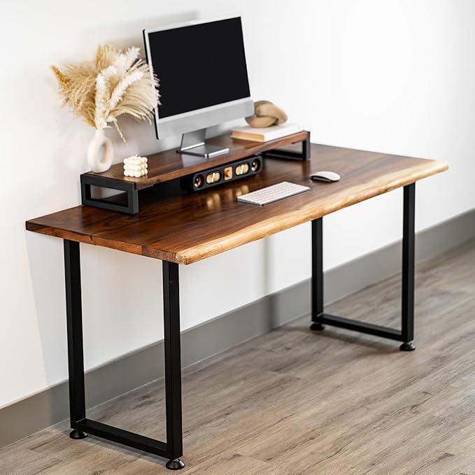 Wood Computer Desk with Monitor Stand - 48x27 Solid Wood Desk Live Edge Walnut Desk Sturdy Metal Legs - Scratch and Stain Resistant Finish - Premium Quality