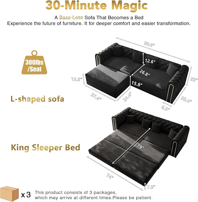 90.6'' Velvet Foldable Sofa Bed 3-in-1 Chesterfield L Shaped Sofa King Pull Out Floor Couch Gold Trim Armrests Extra Deep Couches with 4 Pillows for Living Room Apartment Gold Black