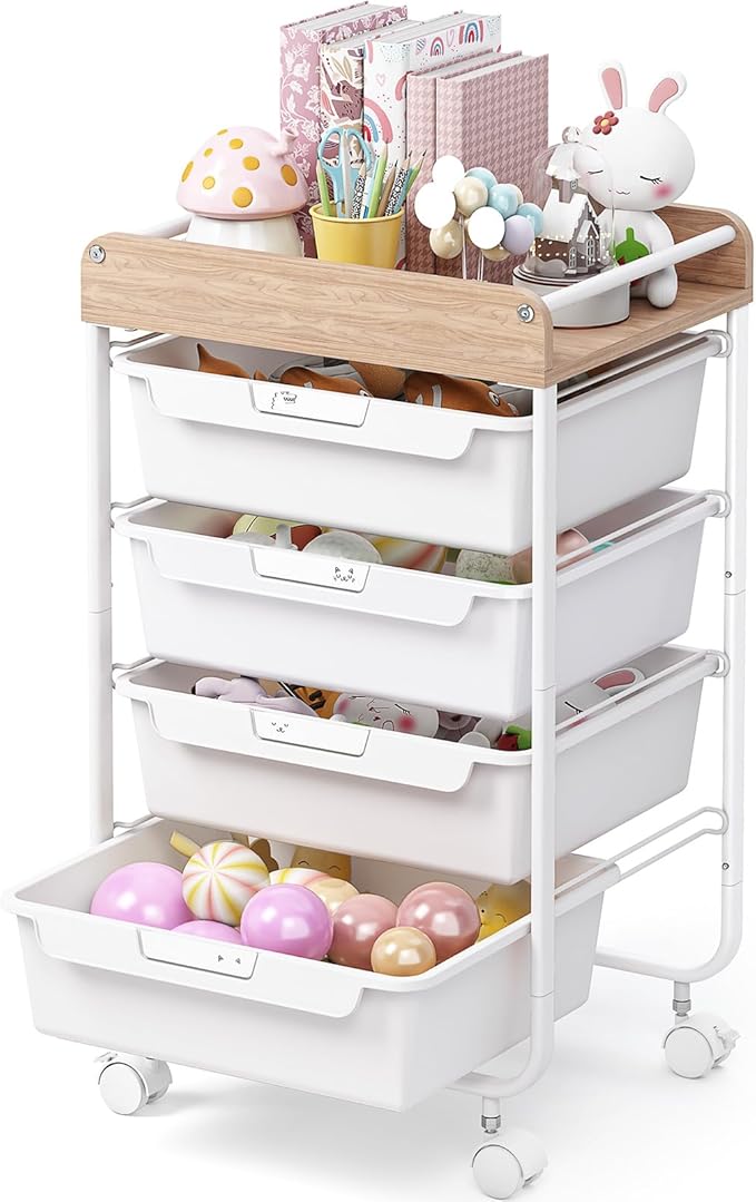 Rolling Storage Utility Cart with 4 DrawersKids Craft Art CartMakeup Organizer and Storage with Wooden TabletopWhite