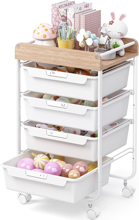 Rolling Storage Utility Cart with 4 DrawersKids Craft Art CartMakeup Organizer and Storage with Wooden TabletopWhite
