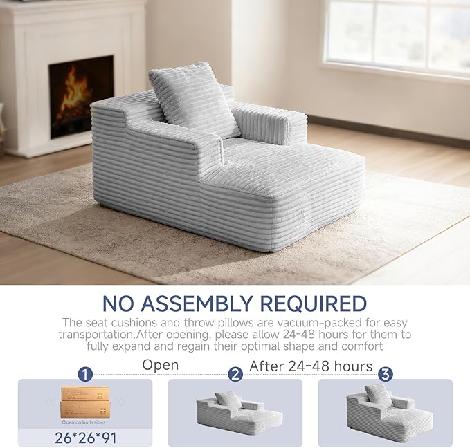 45'' Chaise Lounge Chair Indoor Corduroy Upholstered Boneless Sofa Bed Deep Seat Sleeper Couch Reading Chairs Small Comfy Cloud Sofas Couches for Living Room Bedroom Movie Room (LightGray)
