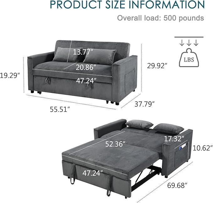 55.51 Sleeper Sofa BedPull Out Couch with Side Pockets3 in 1 Corduroy Fabric Loveseat Sleeper SofaPull Out Sofa Bed with Adjustable Backrest for Living Room Bedroom Apartment（Gray）
