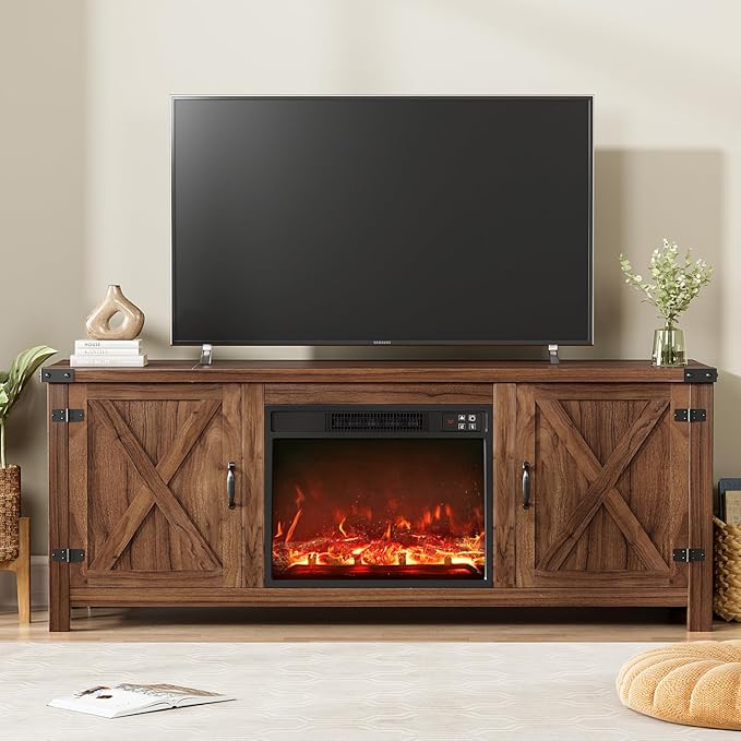 YESHOMY Fireplace TV Stand with Two Barn Doors and Storage Cabinets for Televisions up to 65+ Inch Entertainment Center Console Table Media Furniture for Living Room 58 Inch Walnut