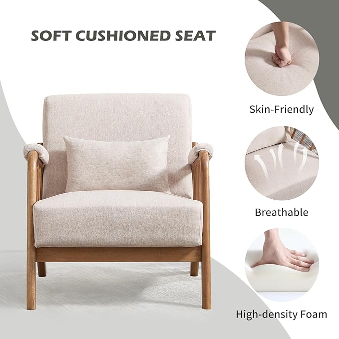 INZOY Mid Century Modern Accent Chair with Wood Frame Upholstered Reading Armchair with Soft Linen Fabric Accent Chair for Living Room Bedroom Apartment Easy Assembly Beige