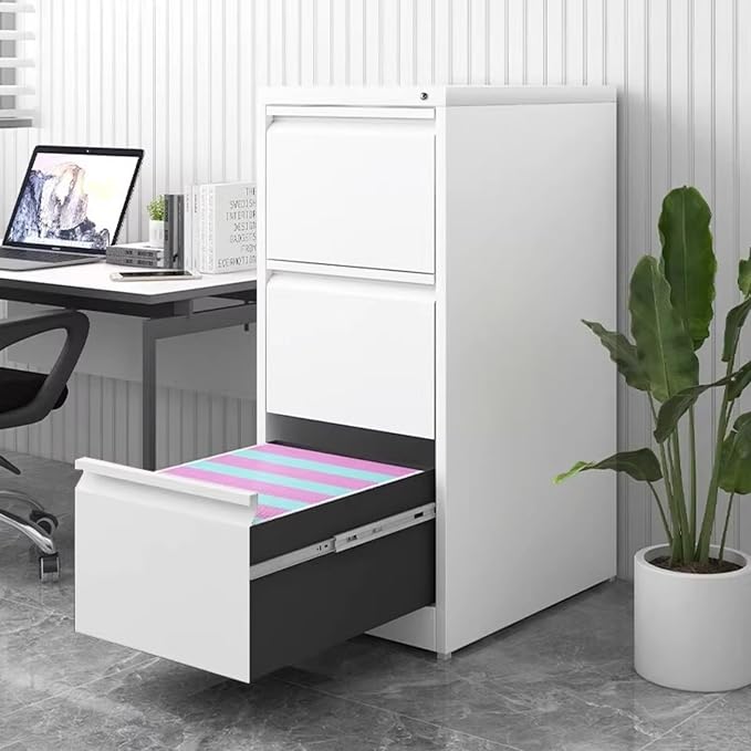 Metal Vertical File Cabinet with 3 Drawers Office Filing Cabinet with Lock for Home Office Heavy Duty Office Storage Cabinet for Legal/Letter/A4/F4 Size (Require Assembly) (White)