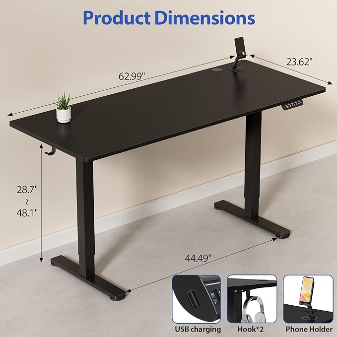 YESHOMY Height Adjustable Electric Standing Desk 63 x 24 Inches Memory Home Office Sit Stand up Desk with Phone Holder and USB Charging Port Black