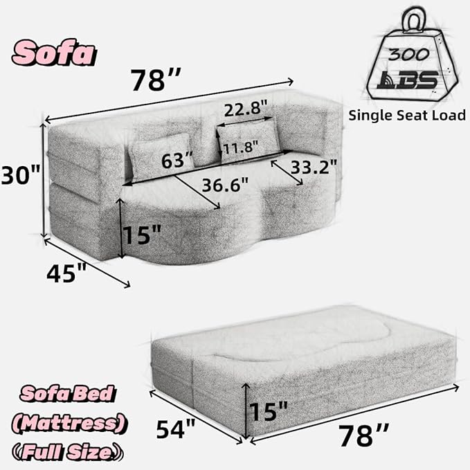 Convertible Sofa Bed Full Size｜78 Sleeper Couch with 2 Pillows｜Boucle Fabric Folding Sofa Bed｜High-Density Foam｜No Assembly｜Space-Saving｜for Living Room Guest Room｜Black