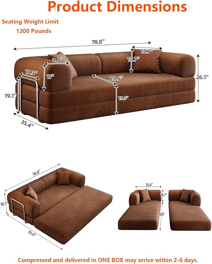 79 Inch Convertible Sleeper Sofa Bed with Cylindrical PillowOversized Corduroy Upholstered Boneless CouchLove Seat Floor Sofas Living RoomApartmentOffice-Brown
