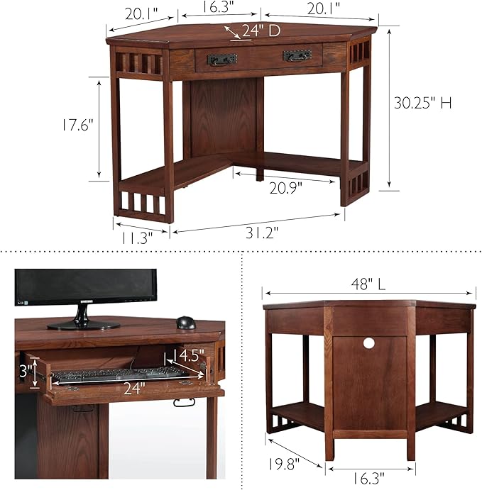 BOWERY HILL Home Office Corner Computer and Writing Desk in Mission Oak with Dropfront Drawer for Laptop and Keyboard