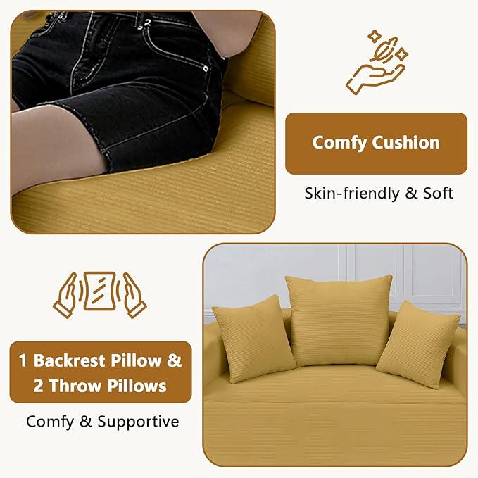 67'' Circular Convertible Compressed Sofa Bed Yellow Corduroy Floor Lounge Round Boneless Couch Loveseat Sleeper Sofa Couch with 3 Cushions No Assembly for Apartment Bedroom
