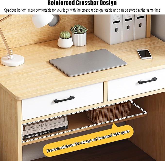 Wooden Computer Desk with Hutch and BookshelfHome Office Desk with Drawers and Storage Shelf Space Saving Writing Study Desk Workstation(27.5 L x 20 W x 71 H A)