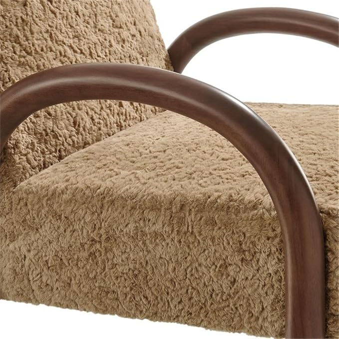 MAKLAINE Contemporary Faux Shearling Accent Armchair Sand Upholstery Solid Wood Frame Arched Armrests High Resiliency Foam Cushion Modern Design for Living Room or Bedroom
