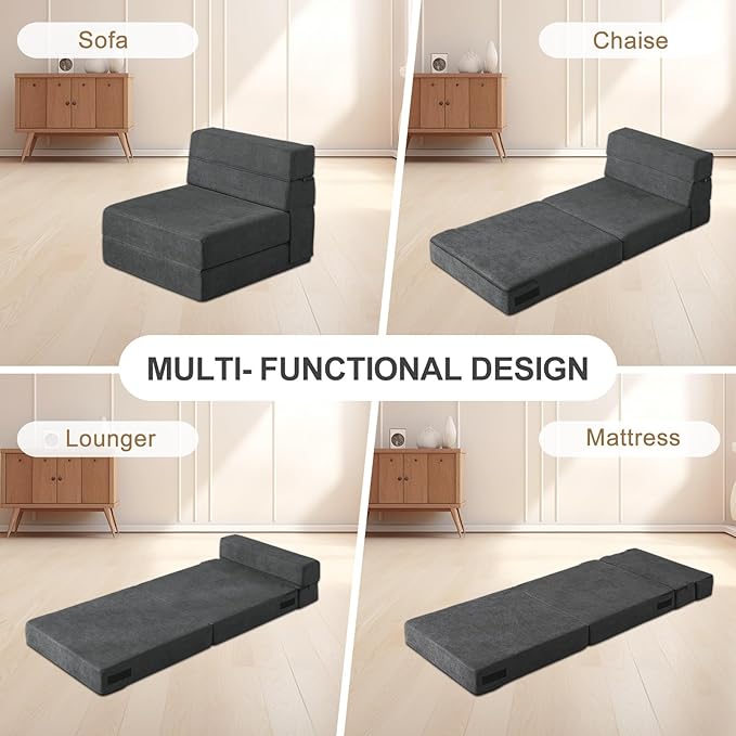 Folding Sofa Bed Single Size with Pillow Memory Foam Convertible Sleeper Chair Floor Couch Futon Lazy for Living Room Home Office Guest Beds Apartment Upstairs Loft Dark Gray