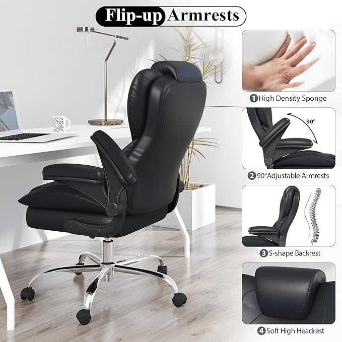 Office Desk Chair Executive Leather Office Chair High Back Ergonomic Home Desk Chair with Padded Flip-up Arms Big and Tall Computer Chair with Rocking Function 360°Swivel Free Black