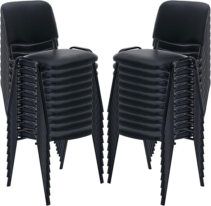Stackable PU Leather Office Chairs Set of 20 Armless Conference Room Guest Chairs No Wheels Sturdy Metal Frame Waiting Room Reception Chairs for Office Meeting Lobby Black