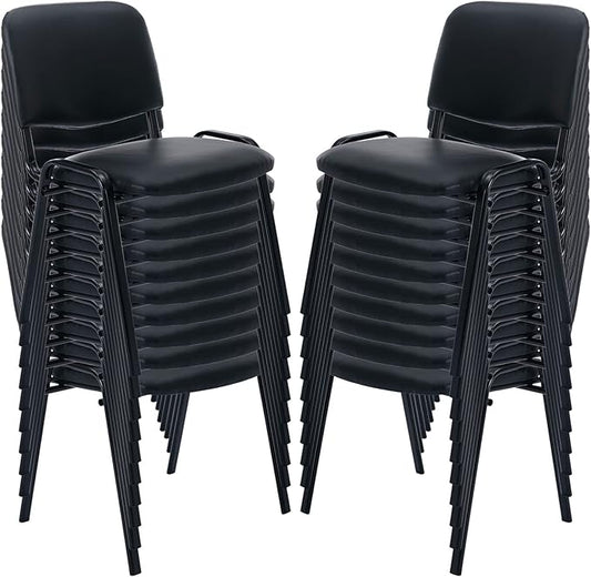 Stackable PU Leather Office Chairs Set of 20 Armless Conference Room Guest Chairs No Wheels Sturdy Metal Frame Waiting Room Reception Chairs for Office Meeting Lobby Black