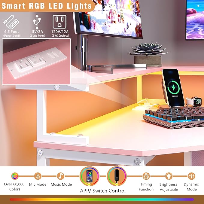 Corner Desk with Drawers Shelves for Small Space 90 Degrees Triangle Computer Desk with Power OutletsGaming Desk with LED Lights Monitor Stand for Home Office Workstation Writing Table (Pink)