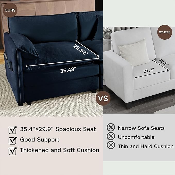 Cilee Oversized Loveseat Sofa 75.59 Cloud Couch with 2 Ottoman 2-Seater Deep Seat Couch with Pillow &amp Storage Pocket Love Seat Furniture for Living Room Bedroom Office Apartment Chenille Blu
