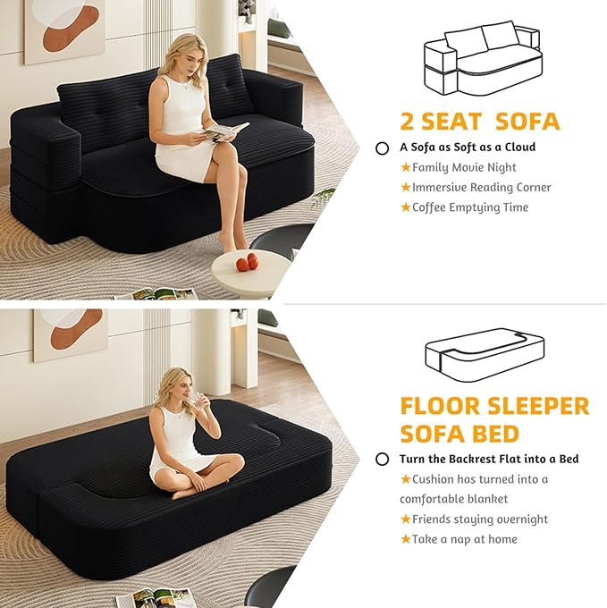 78.7 Convertible Sleeper Sofa Bed with 2 Soft Pillows 2-in-1 Fold Out Couch Upholstered in Luxurious Plush Corduroy Fabric Deep Seat Couch for Living Room Bedroom Guest Room Black