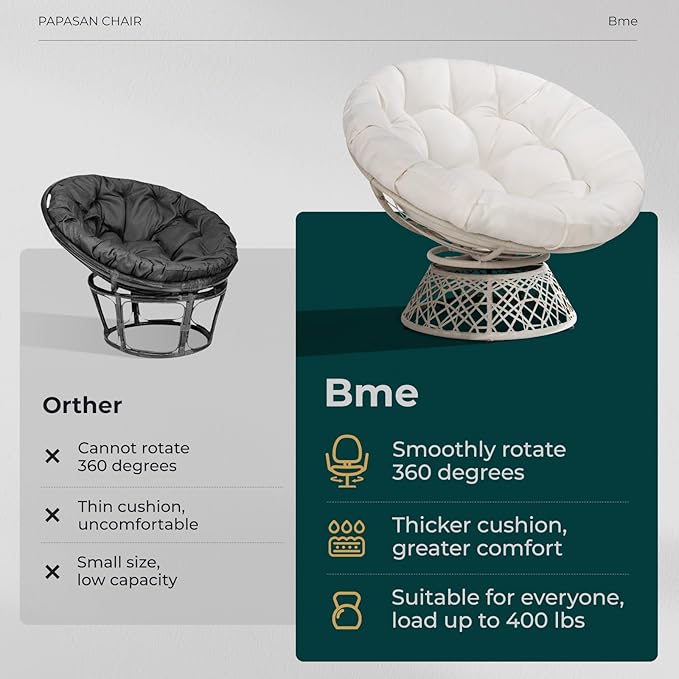 Bme 40 Ergonomic Wicker Papasan Chair with Soft Thick Density Fabric Cushion High Capacity Steel Frame 360 Degree Swivel for Living Bedroom Reading Room Lounge