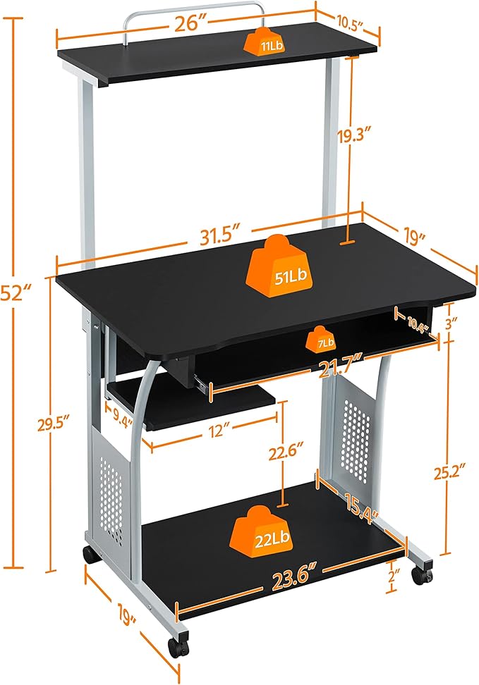 Yaheetech 2 Tier Mobile Computer Desk with Printer Shelf &amp Keyboard Tray Rolling Computer Table for Small Spaces Compact Study Workstation with Wheels Space Saving Black